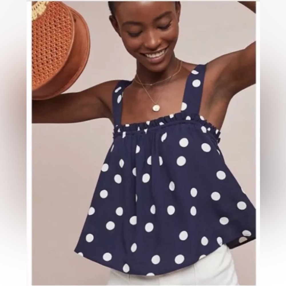 Anthropologie Navy Blue and White Polka Dot Tank Top